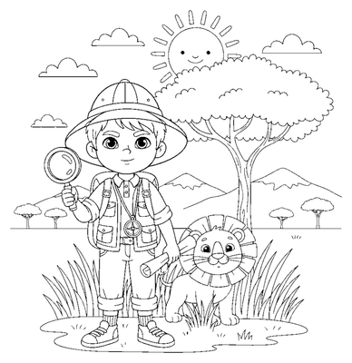 Explorer's Jungle Greeting coloring page to print