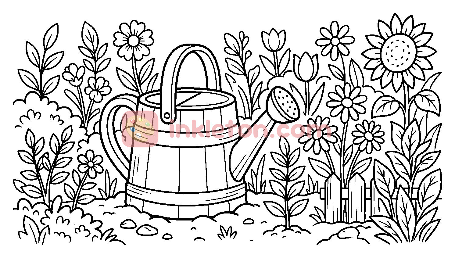 Watering Can in a Flower Garden coloring page to print
