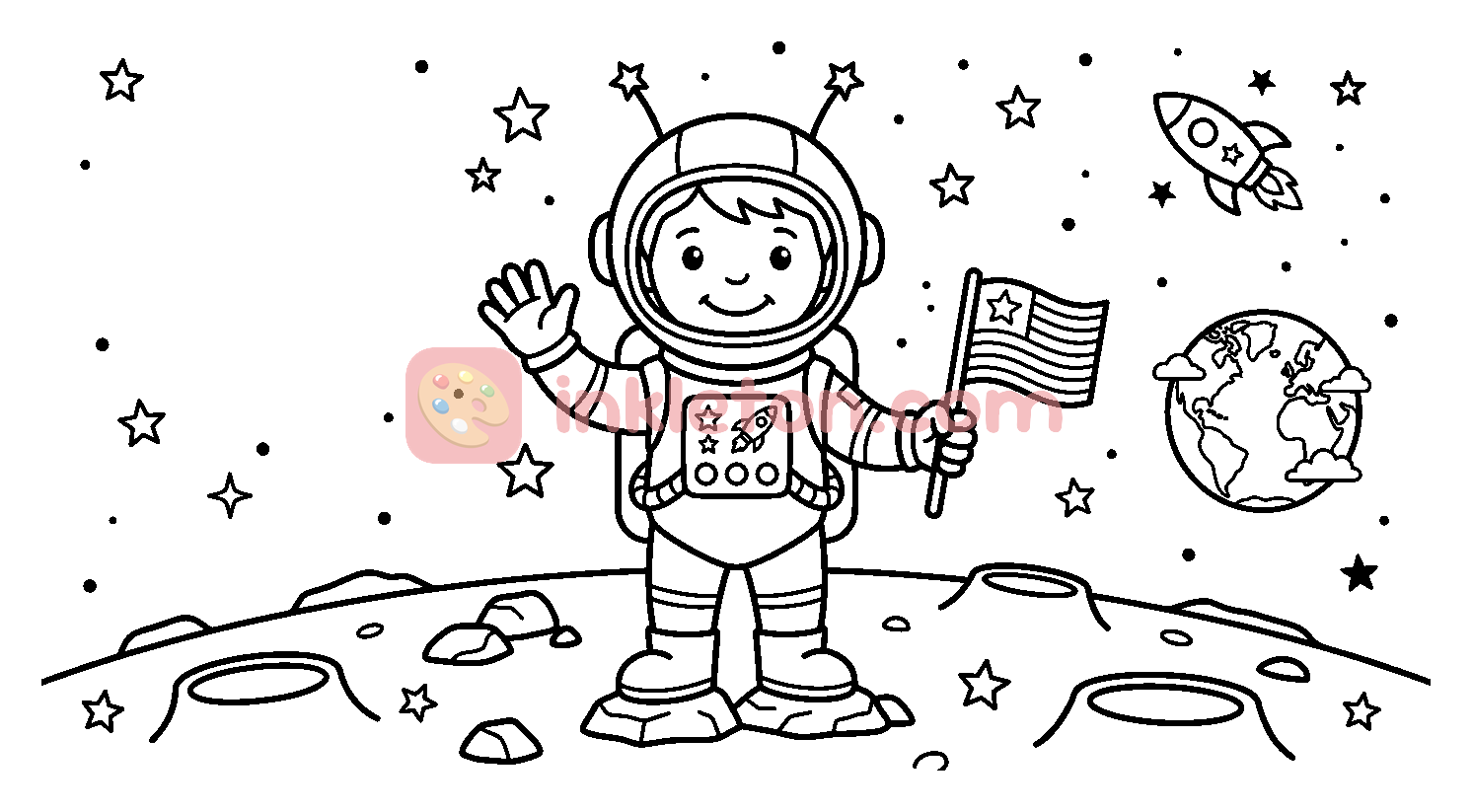 Astronaut Waving on the Moon coloring page to print