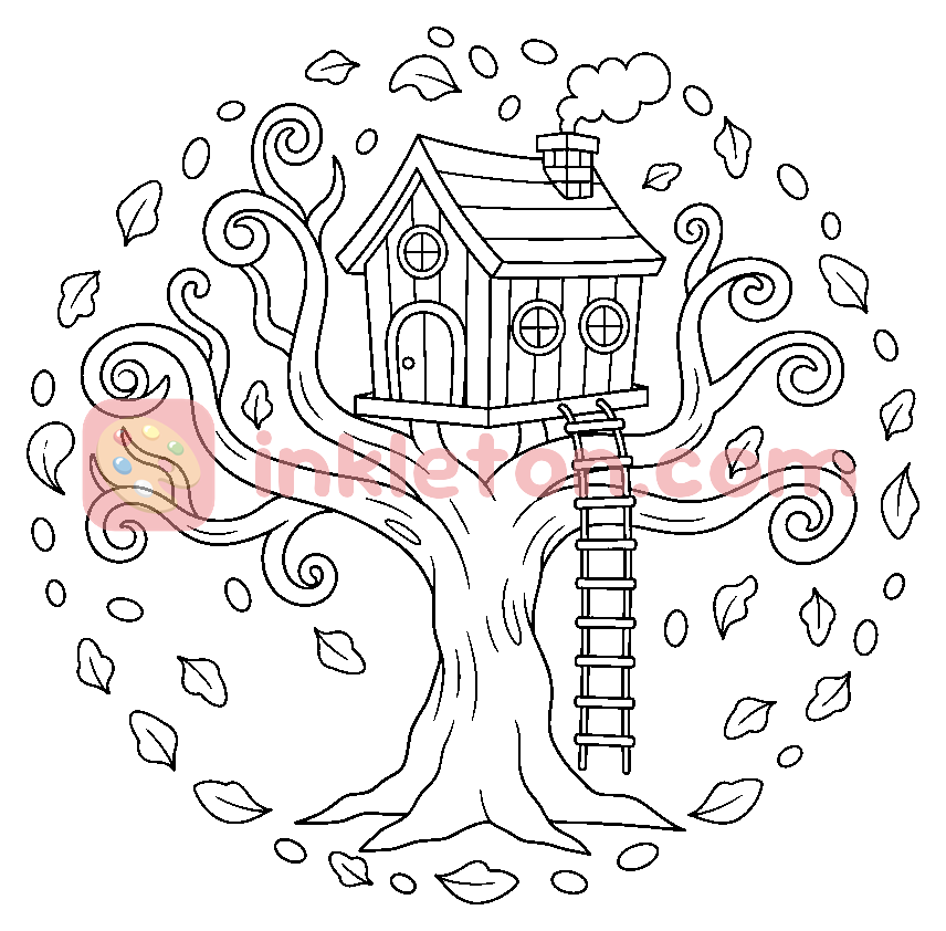 Pagina da colorare Casa sull'albero dell'autunno incantato da stampare
