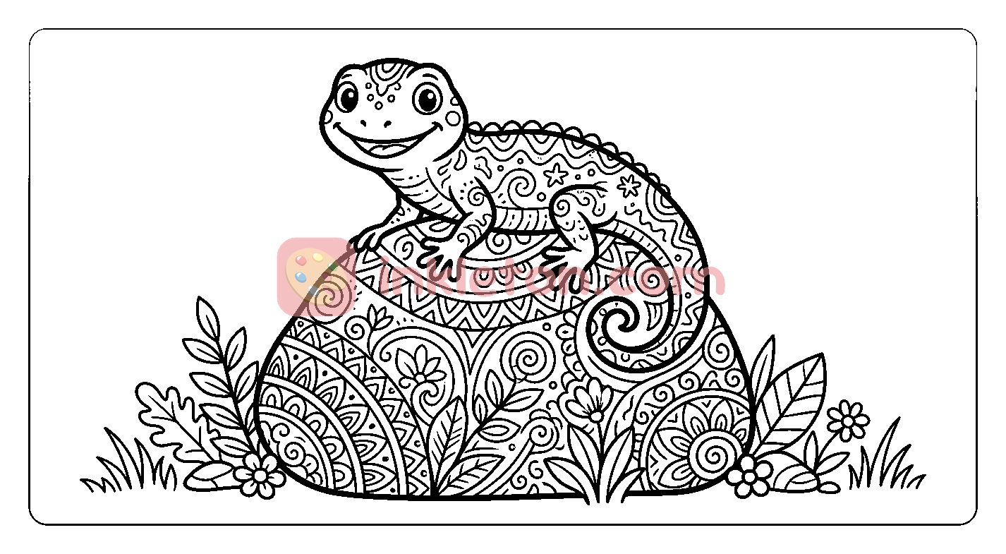 Smiling Lizard on a Patterned Rock coloring page to print