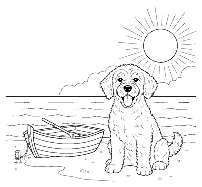Página para colorir de Cão de água português na praia para imprimir