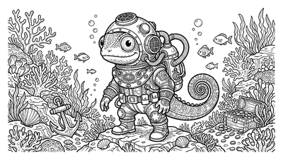 Lizard Deep Sea Diver with Treasure coloring page to print