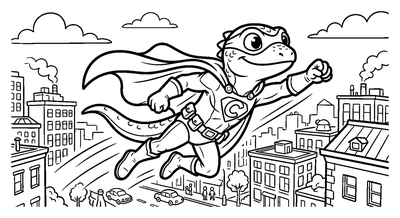 Lizard Superhero Flying Over the City coloring page to print