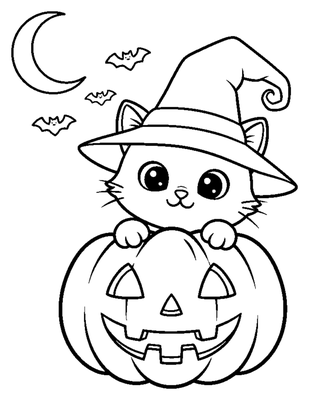 Página para colorear de Gatito de Halloween y calabaza tallada para imprimir