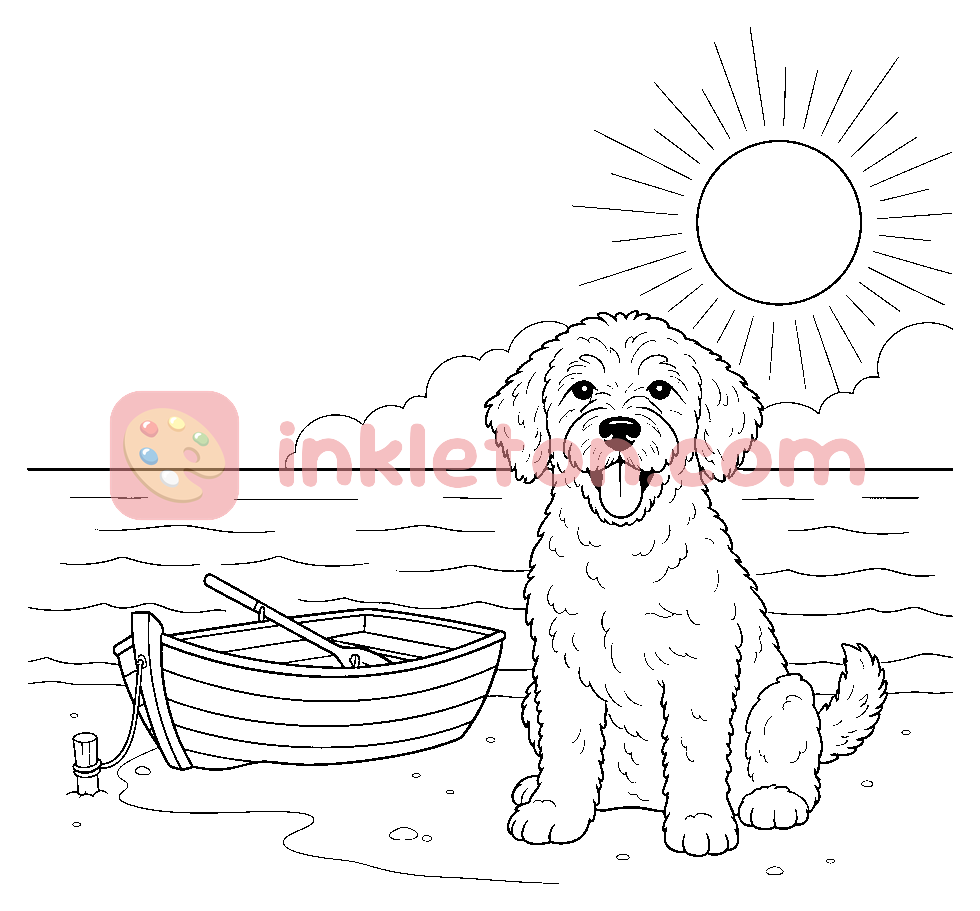 Página para colorir de Cão de água português na praia para imprimir