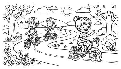 Children Riding Bicycles on a Park Path coloring page to print