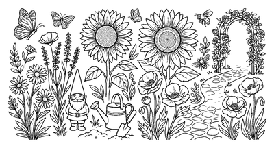 Gartenzwerg in einem Blumengarten Malvorlage zum Ausdrucken