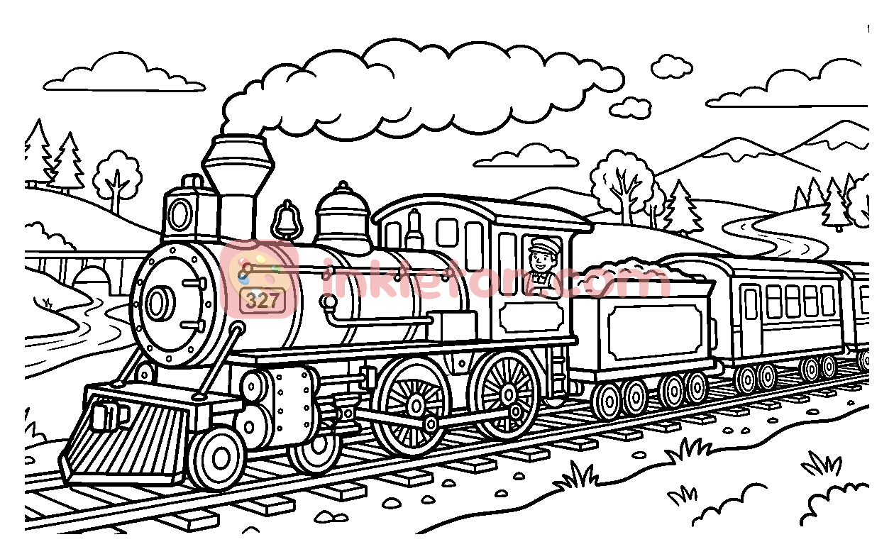 Dampflokomotive mit Lokführer auf dem Land Malvorlage zum Ausdrucken
