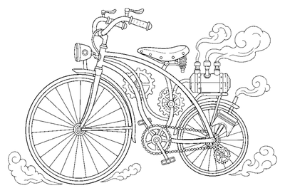 Page de coloriage Vélocipède Steampunk à engrenages à imprimer