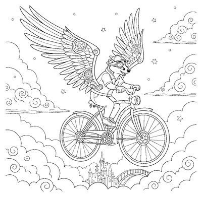 Steampunk Flying Bicycle coloring page to print