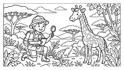 Young Explorer and Giraffe in the Savanna coloring page to print