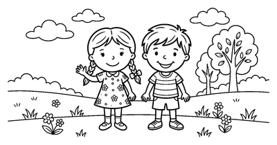 Smiling Boy and Girl in a Park coloring page to print