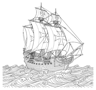 Página para colorir de Viagem histórica de caravela para imprimir