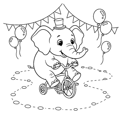 Página para colorear de Elefante en un pequeño triciclo para imprimir
