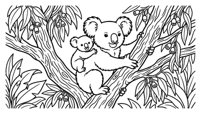 Koalamamma och baby i ett eukalyptusträd målarbild att skriva ut