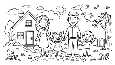Happy Family in Front of Their Home coloring page to print