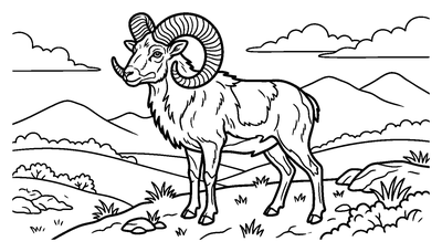 Página para colorear de Carnero en un Paisaje de Montaña para imprimir