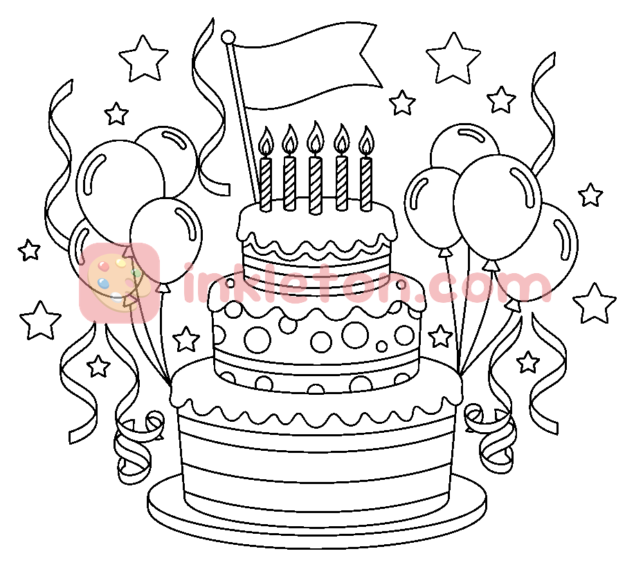 Page de coloriage Le gâteau d'anniversaire ultime à trois étages à imprimer