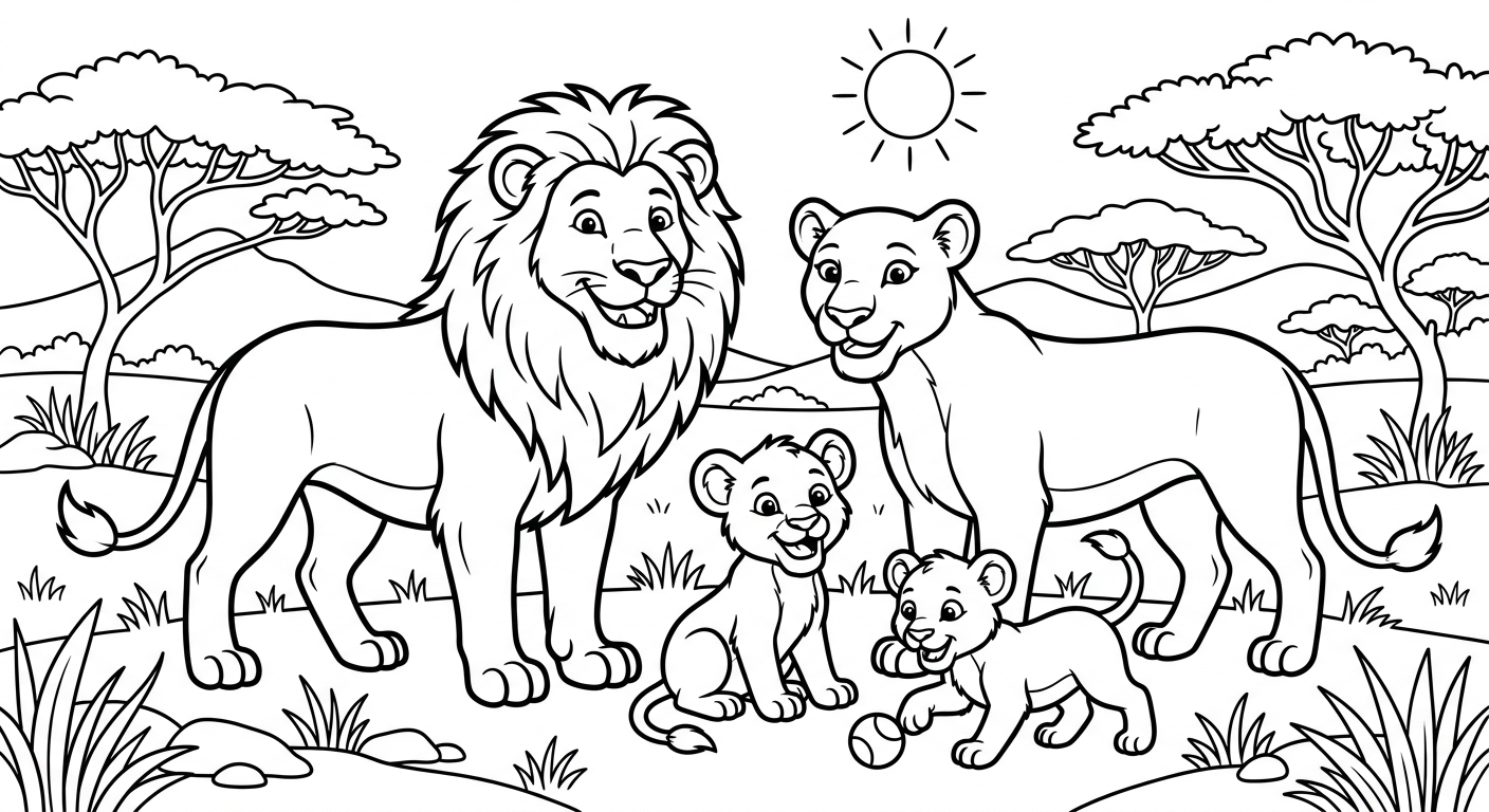 Lion Family in the Savanna coloring page to print