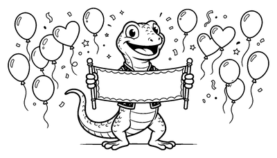 Happy Lizard Holding a Blank Banner with Party Balloons coloring page to print