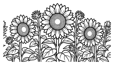 Page de coloriage Rangée de tournesols en fleurs à imprimer