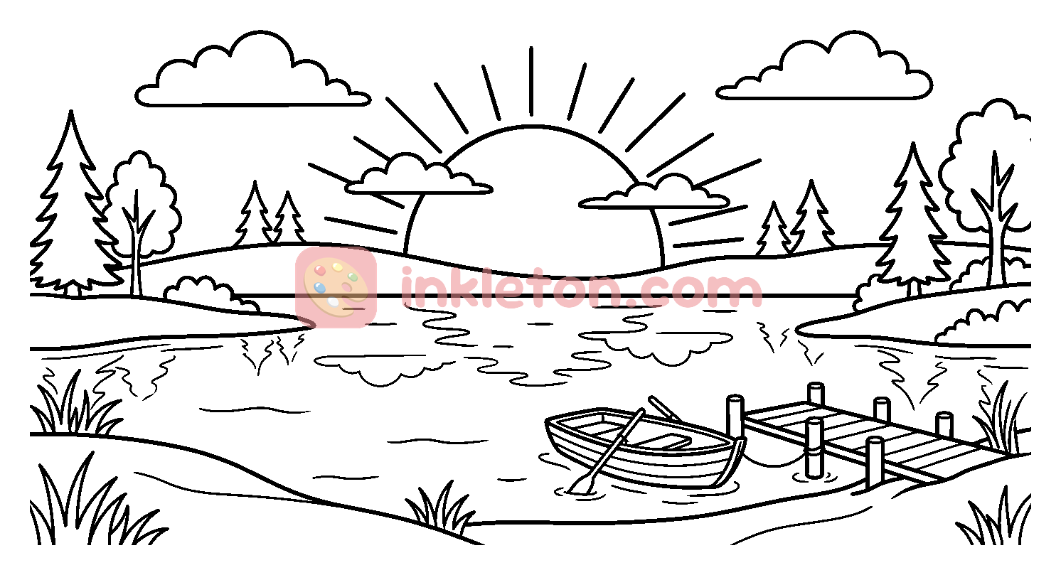 Rowboat by a Dock at Sunset coloring page to print