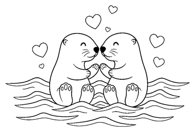 Two Sea Otters Holding Paws coloring page to print