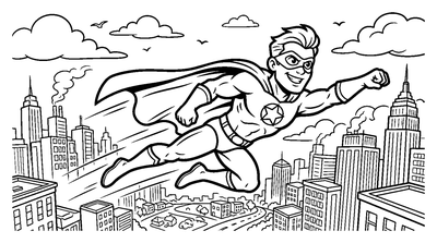 Superhero Flying Over the City Skyline coloring page to print