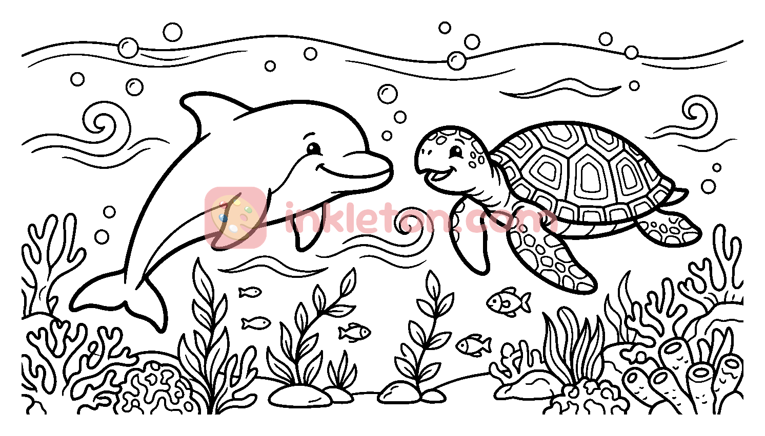 Dolphin and Sea Turtle Swimming in the Ocean coloring page to print