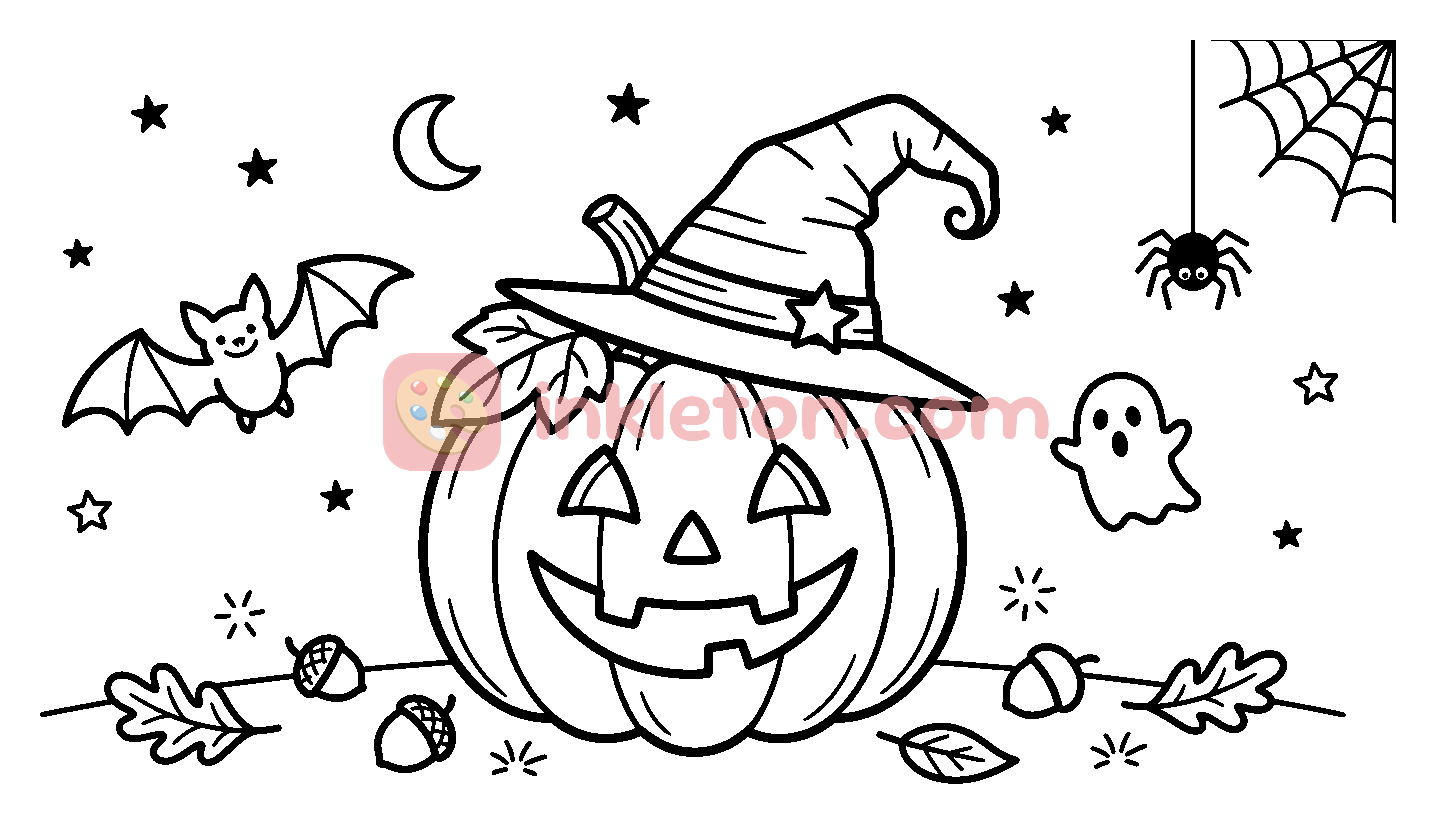 Halloween Pumpkin with Witch Hat and Spooky Friends coloring page to print