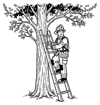 Firefighter Climbing a Ladder Against a Tree coloring page to print