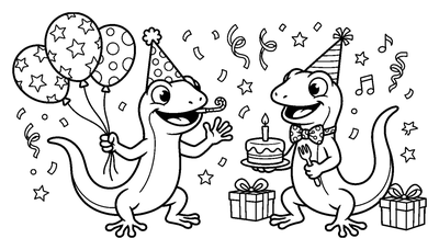 Lizards Celebrating a Birthday Party coloring page to print