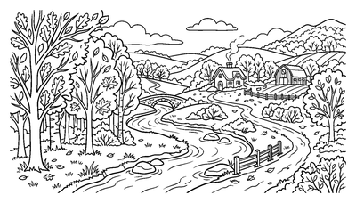 Scenic Countryside with River and Cottage coloring page to print