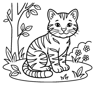 Page de coloriage Mignon Chaton Rayé Assis Près d'un Arbre à imprimer