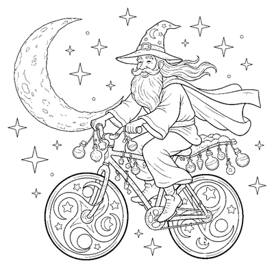 Trollkarlens trolldryck-drivna flygande cykel målarbild att skriva ut