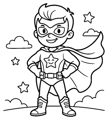 Página para colorear de Niño superhéroe sonriente con capa y emblema de estrella para imprimir