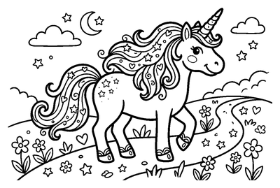Página para colorear de Unicornio Caminando por un Sendero Bajo la Luna para imprimir