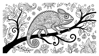 Detailed Chameleon on a Tree Branch coloring page to print