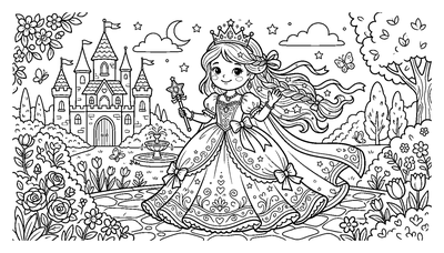 Página para colorear de Princesa mágica frente a un castillo para imprimir