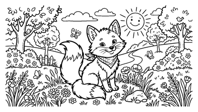 Niedlicher Fuchs mit einem Bandana auf einer sonnigen Wiese Malvorlage zum Ausdrucken
