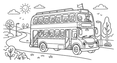 Página para colorear de Autobús de dos pisos en una carretera rural para imprimir