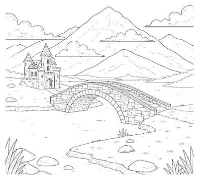 Castle and Stone Bridge Between Two Lakes coloring page to print