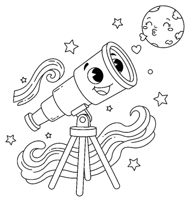 Página para colorir de Telescópio e Planeta Kiss para imprimir