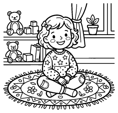 Little Girl Sitting on a Rug in Her Room coloring page to print