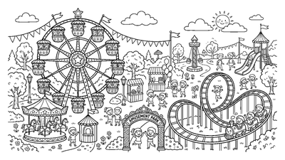 Amusement Park with Roller Coaster and Ferris Wheel coloring page to print