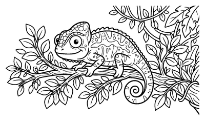 Chameleon on a Leafy Branch coloring page to print
