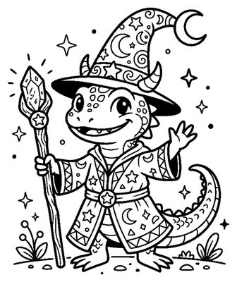 Cute Lizard Wizard with a Magic Staff coloring page to print