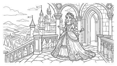 Page de coloriage Princesse sur un balcon de château à imprimer