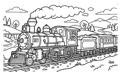 Page de coloriage Train à vapeur avec son mécanicien à la campagne à imprimer